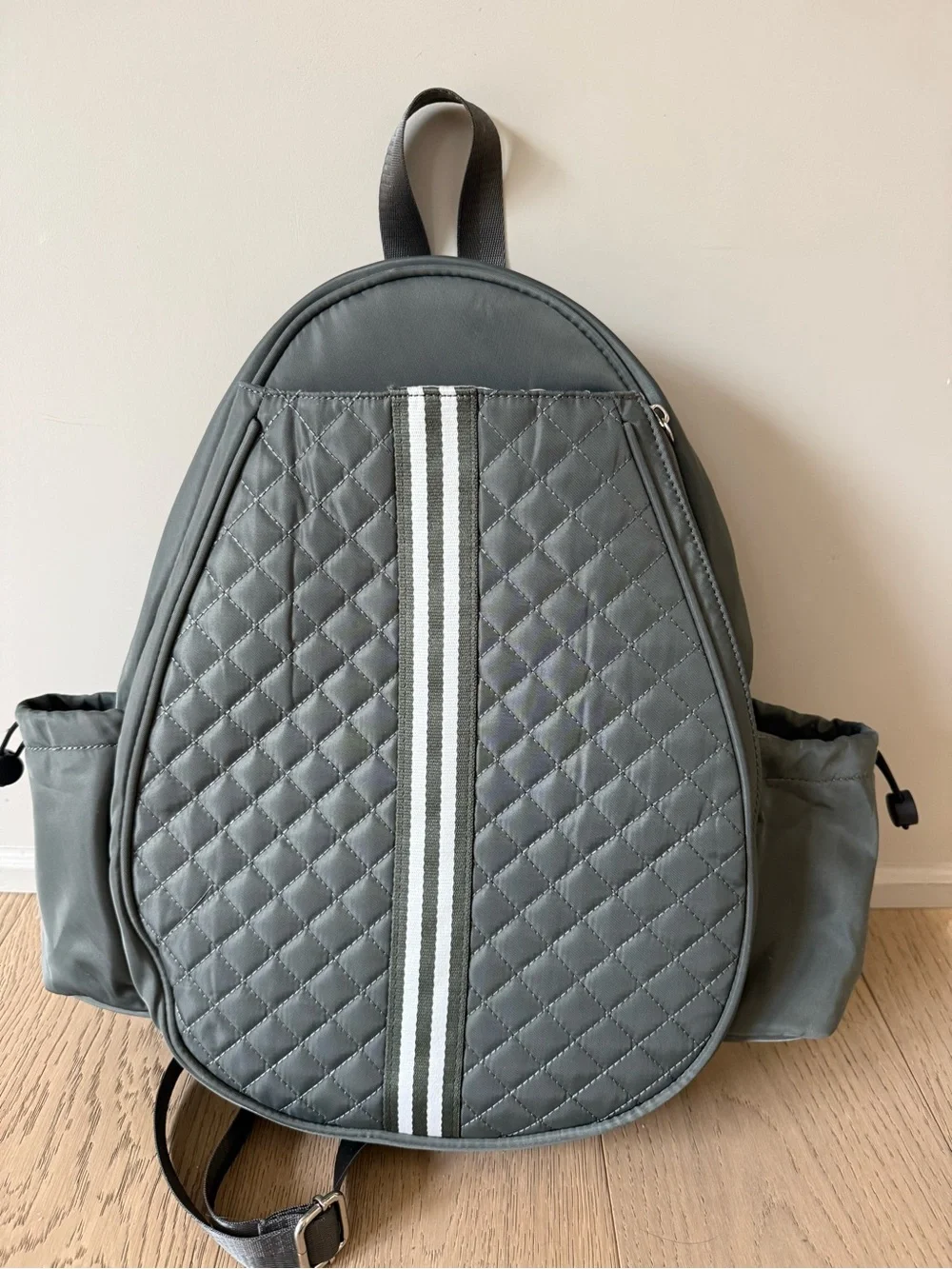 Women’s Quilted Olive Green Tennis Backpack with Contrast Stripe